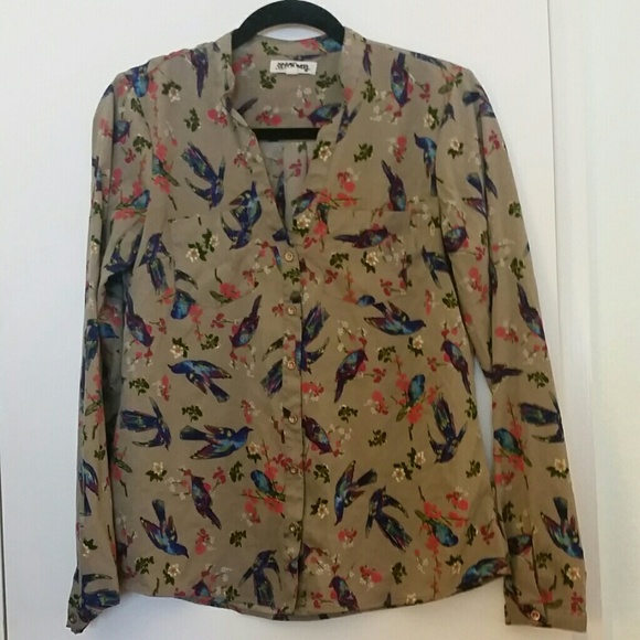 Button up shirt with bird and flower print