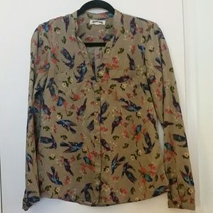 Button up shirt with bird and flower print