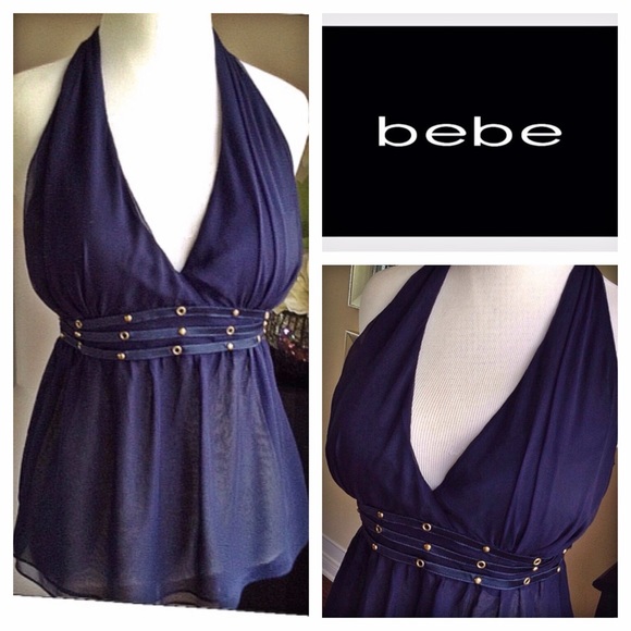 bebe Tops - New BEBE navy grommet/studs 100% silk halter top