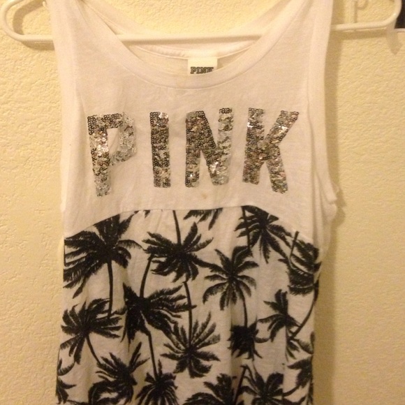 VS PINK palm tree sparkle tank