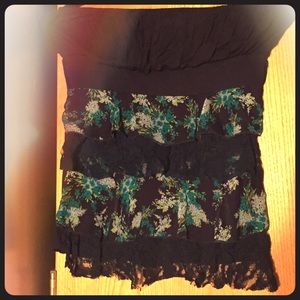Navy blue strapless lace and flower blouse