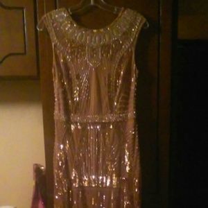 Aidan Mattox Beaded Mesh Trumpet Gown rose gold