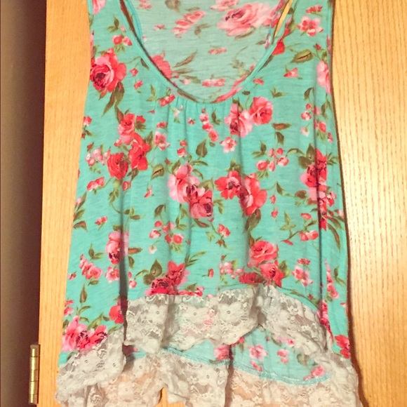 Teal and pink tank top with lace hem