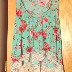 Teal and pink tank top with lace hem