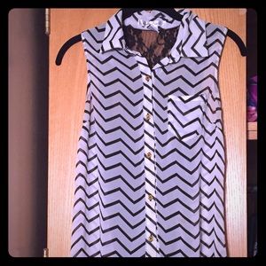 Black and white chevron chiffon and lace blouse