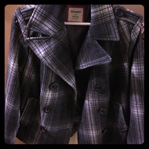 Plaid grey and black pea coat