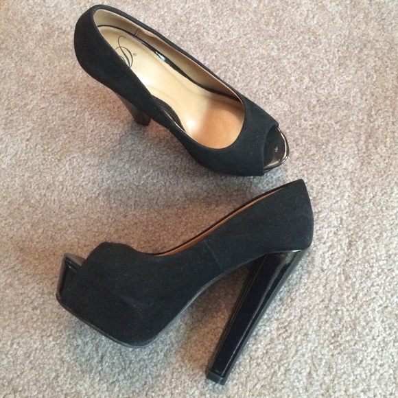 Black suede open toe heel