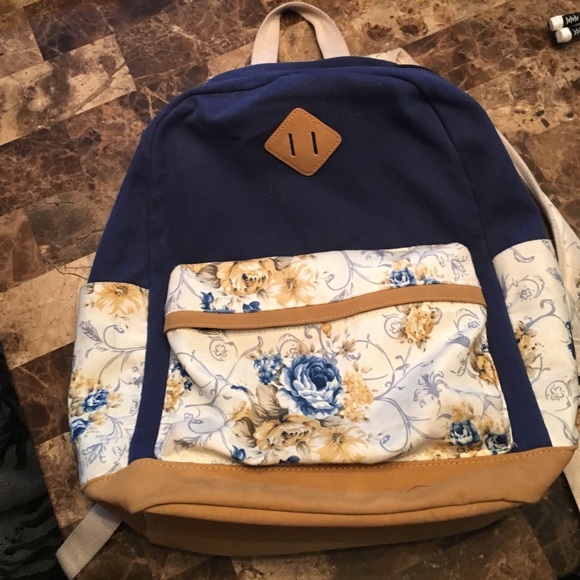 Blue and floral canvas backpack