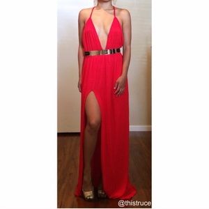 Slit Leg Low V Line Sabo Like Red Sexy Maxi Dress