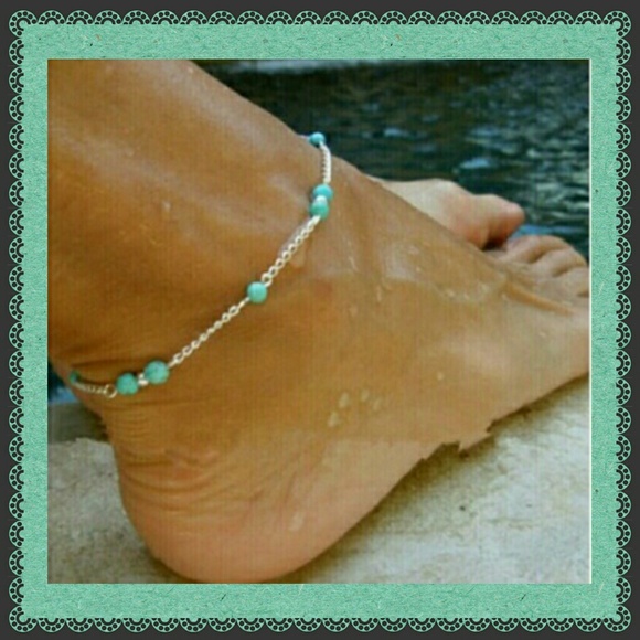 Silver anklet with turquoise blue beads