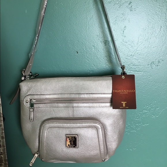 Tignanello Genuine Leather Crossbody Silver Bag - Picture 1 of 4