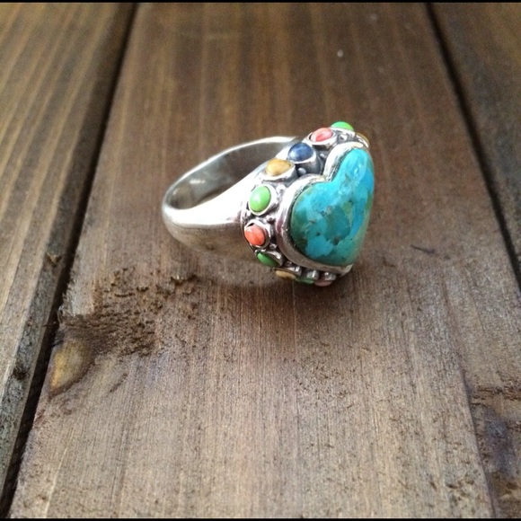 Barse Turquoise and Silver Heart Ring