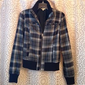 Black plaid bomber style jacket