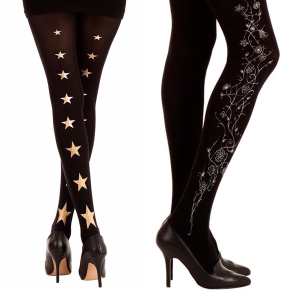 Black Opaque Printed Zohara Tights (Set of Two)