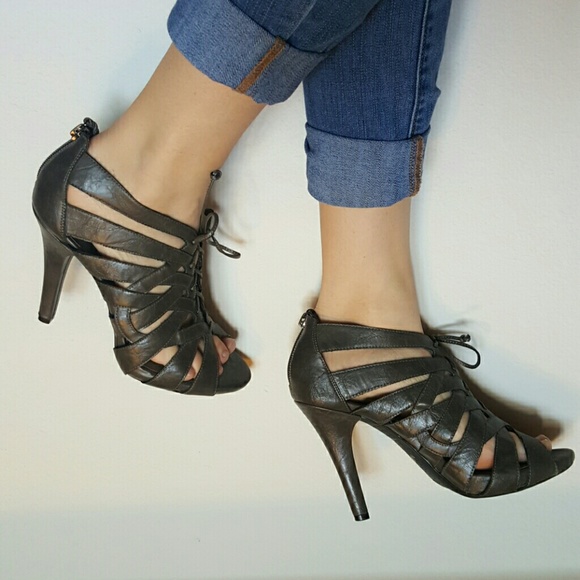 Gray lace up open toed Sandal heels.