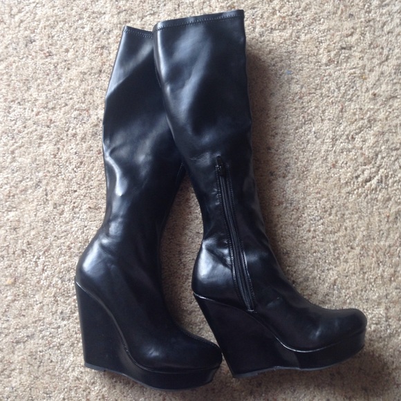 Knee high black faux leather wedge high heel boots