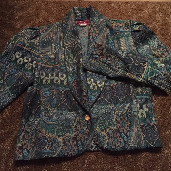 Vintage Cropped blazer with green blue prints - Picture 1 of 3