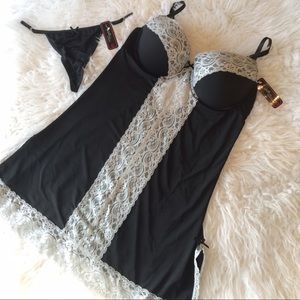 Black and gray lace Chemise 2Pc Set