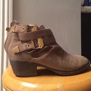 taupe suede buckle booties