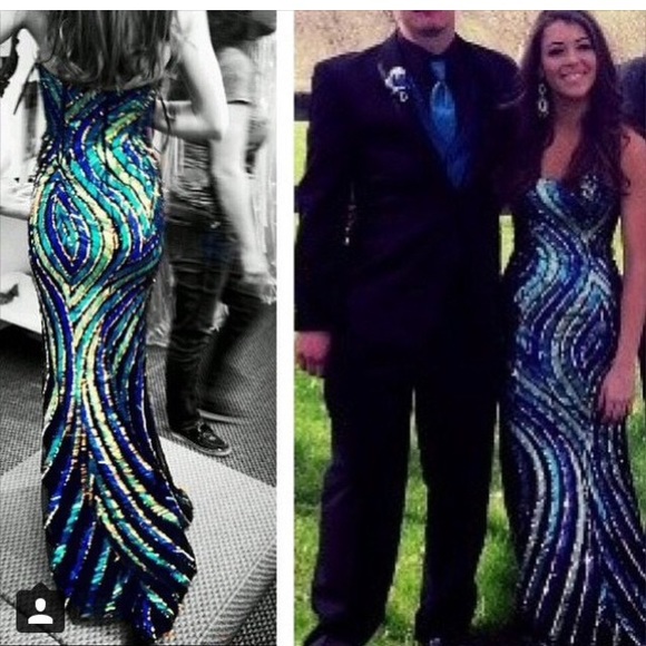 Teal black and gold sequined prom dress