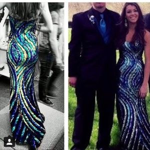Teal black and gold sequined prom dress
