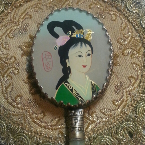 Vintage Oriental reverse painted handmirror geisha - Picture 2 of 4