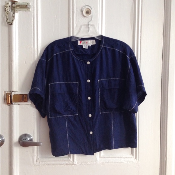 Vintage Navy Washed Silk Button-Up Blouse