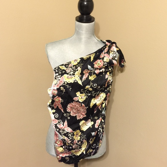One shoulder multi colored silk blouse.