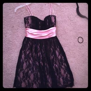 Pink and black lace knee length formal dress