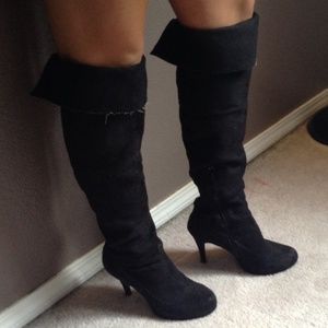 Black suede heeled knee high boots