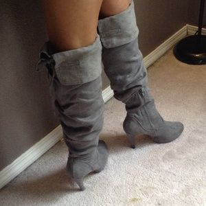 Grey suede knee high heeled boots