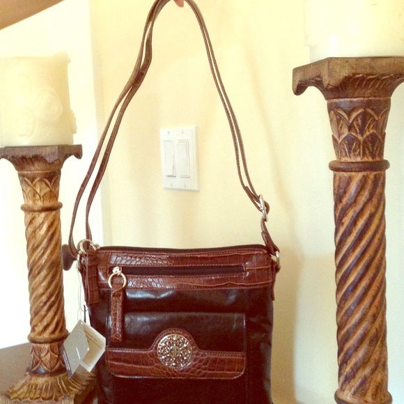 Black with brown accent 100% leather shoulder bag