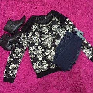 Floral sweater with a rhinestoned neck line & lace