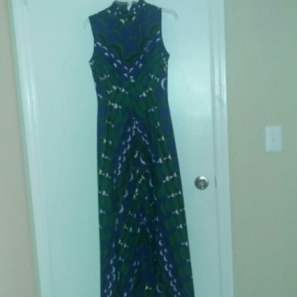 Long printed black blue green and white maxi dress