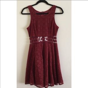 Maroon Floral Cutout Fit and Flair Dress
