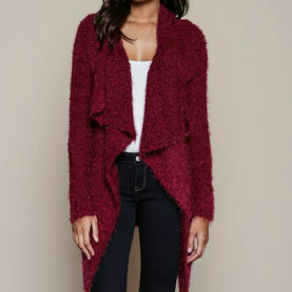 Burgundy plush cozy asymmetrical cardigan