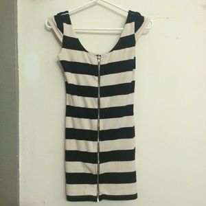 Black and off-white bodycon dress with front zip