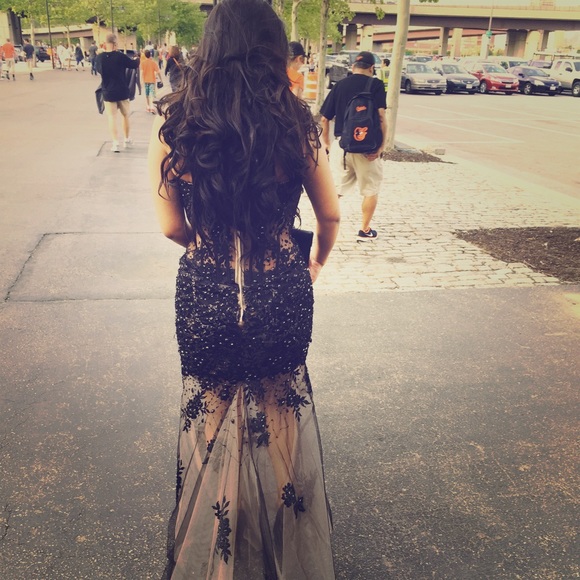 Black lace champagne prom dress. Kim K inspired