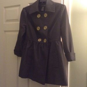 Gray double breasted peplum jacket.
