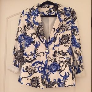 White w/ blue and black floral design blazer