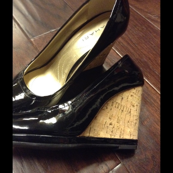 Black patent cork peep toe wedges