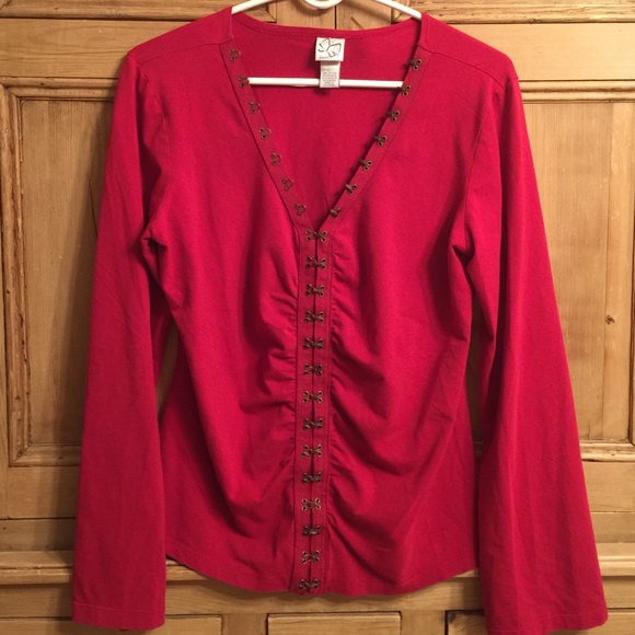 Cute Red Top unique front long flared sleeves L