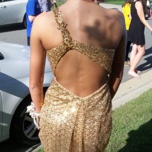 La Femme Gold Sequin Prom Dress