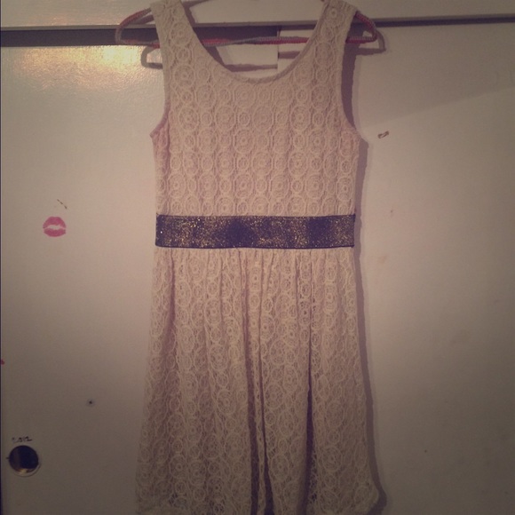 Off White Lace Dress Shiny Gold Elastic Waist Band