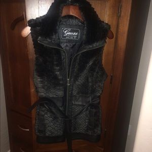 SALE!  Guess Black Faux Fur Belted Vest, Size S