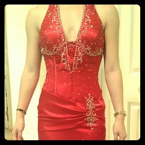 Red silk hand-beaded halter dress size 3/4
