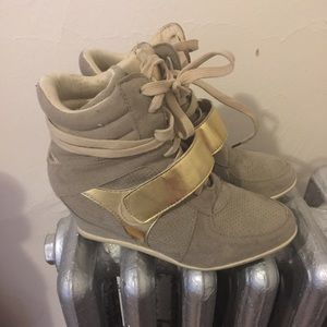 Cream and gold sneaker wedges
