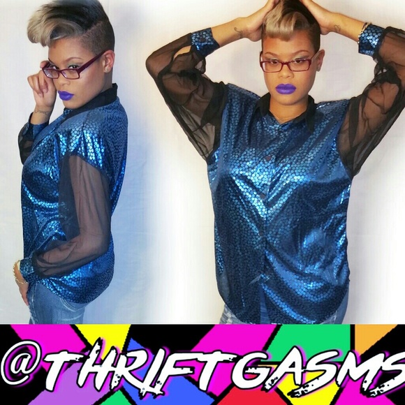 Vintage Blue Metallic Sheer Sleeves Blouse Size L