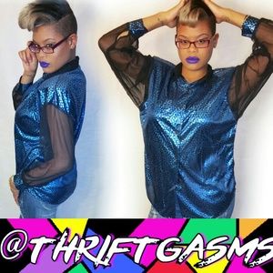Vintage Blue Metallic Sheer Sleeves Blouse Size L