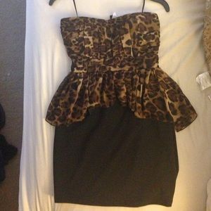 Black and leopard strapless peplum mini dress